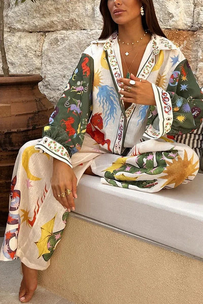 Antonella® | Bohemian Beauty long sleeve loose shirt and elastic waist pants set with unique print