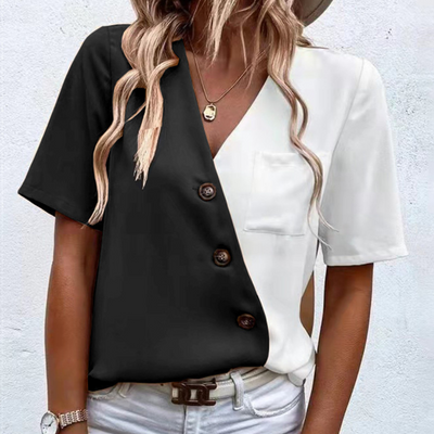 Briss® | Women'S Blouse With A Chic V-Neck, Button Details And Two-Tone Elegance