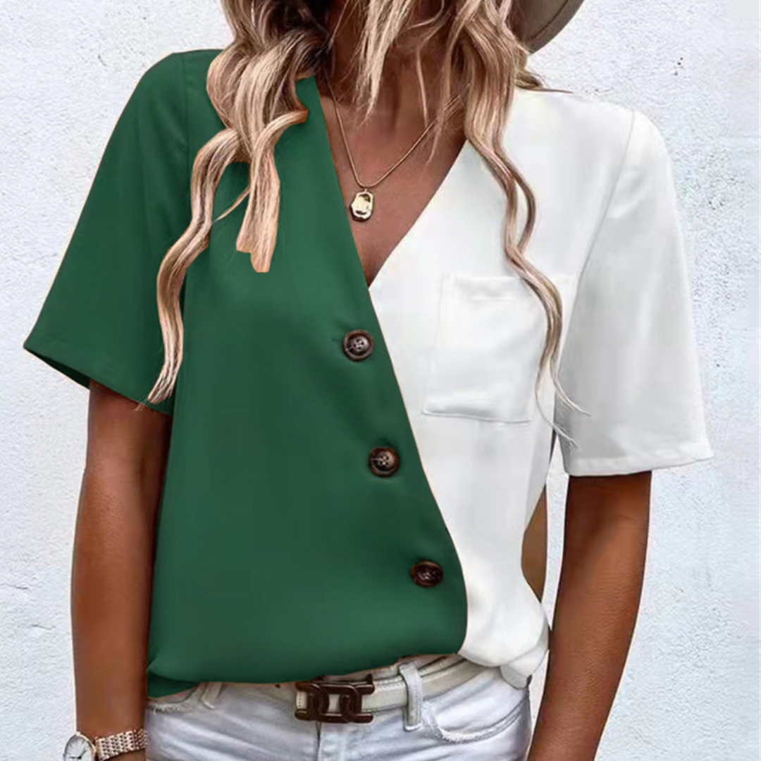 Briss® | Women'S Blouse With A Chic V-Neck, Button Details And Two-Tone Elegance