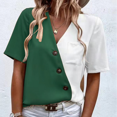 Briss® | Women'S Blouse With A Chic V-Neck, Button Details And Two-Tone Elegance