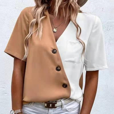 Briss® | Women'S Blouse With A Chic V-Neck, Button Details And Two-Tone Elegance