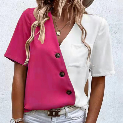 Briss® | Women'S Blouse With A Chic V-Neck, Button Details And Two-Tone Elegance