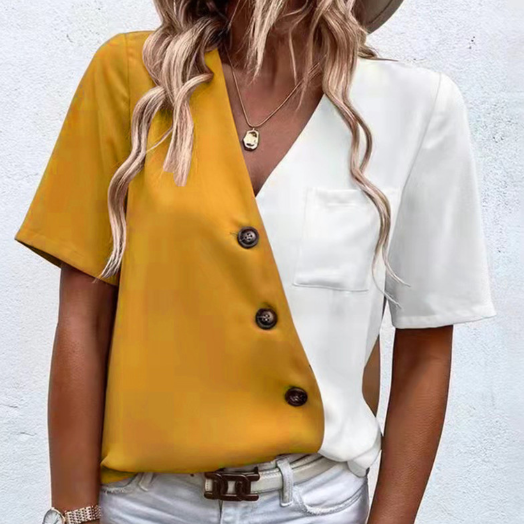Briss® | Women'S Blouse With A Chic V-Neck, Button Details And Two-Tone Elegance
