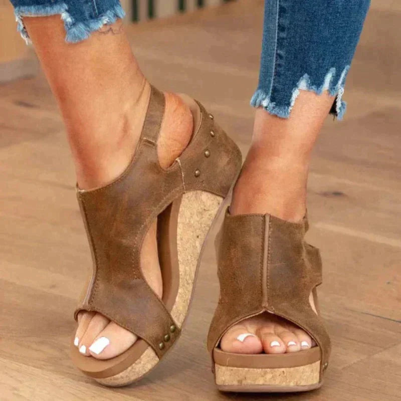 Barbara® | Orthopedic leather women's sandals with wedge heel and comfortable footbed