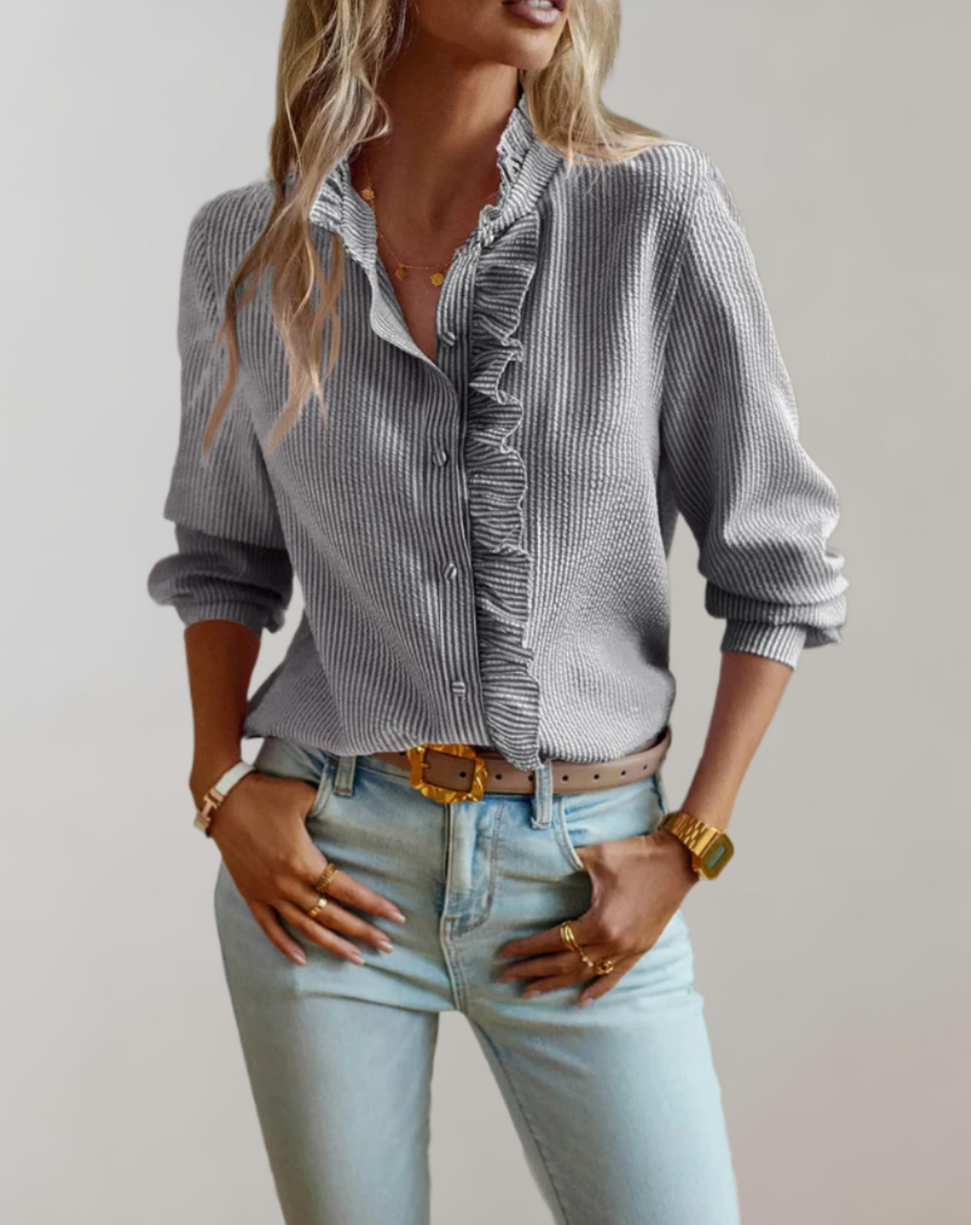 Abelia® | Loose-Fitting Top With Ruffles, Stand-Up Collar, Button Closure And Long Sleeves