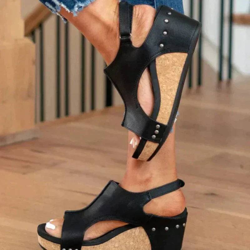 Barbara® | Orthopedic leather women's sandals with wedge heel and comfortable footbed