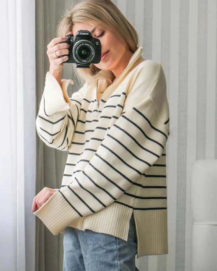 Angeline's® | Striped mesh Ivy blouse with zip neckline
