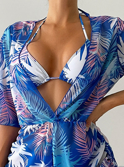 Inés® | Tropical Three-Piece Sexy Bikini In Ocean Blue
