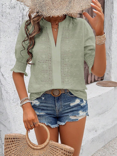Brigitte® | Women'S Blouse With Decorative Eyelet Embroidery And Short Puff Sleeves