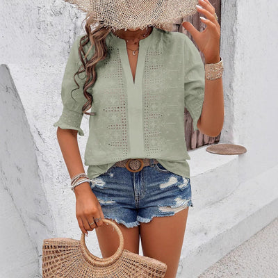 Brigitte® | Women'S Blouse With Decorative Eyelet Embroidery And Short Puff Sleeves