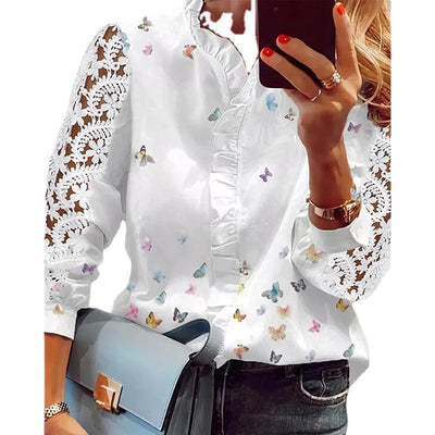 Francisca® | Women'S Blouse With Floral Appliqu��s, Ruffle Details And Lace Sleeves