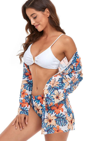 Addison® | White floral print beach bikini and blouse set