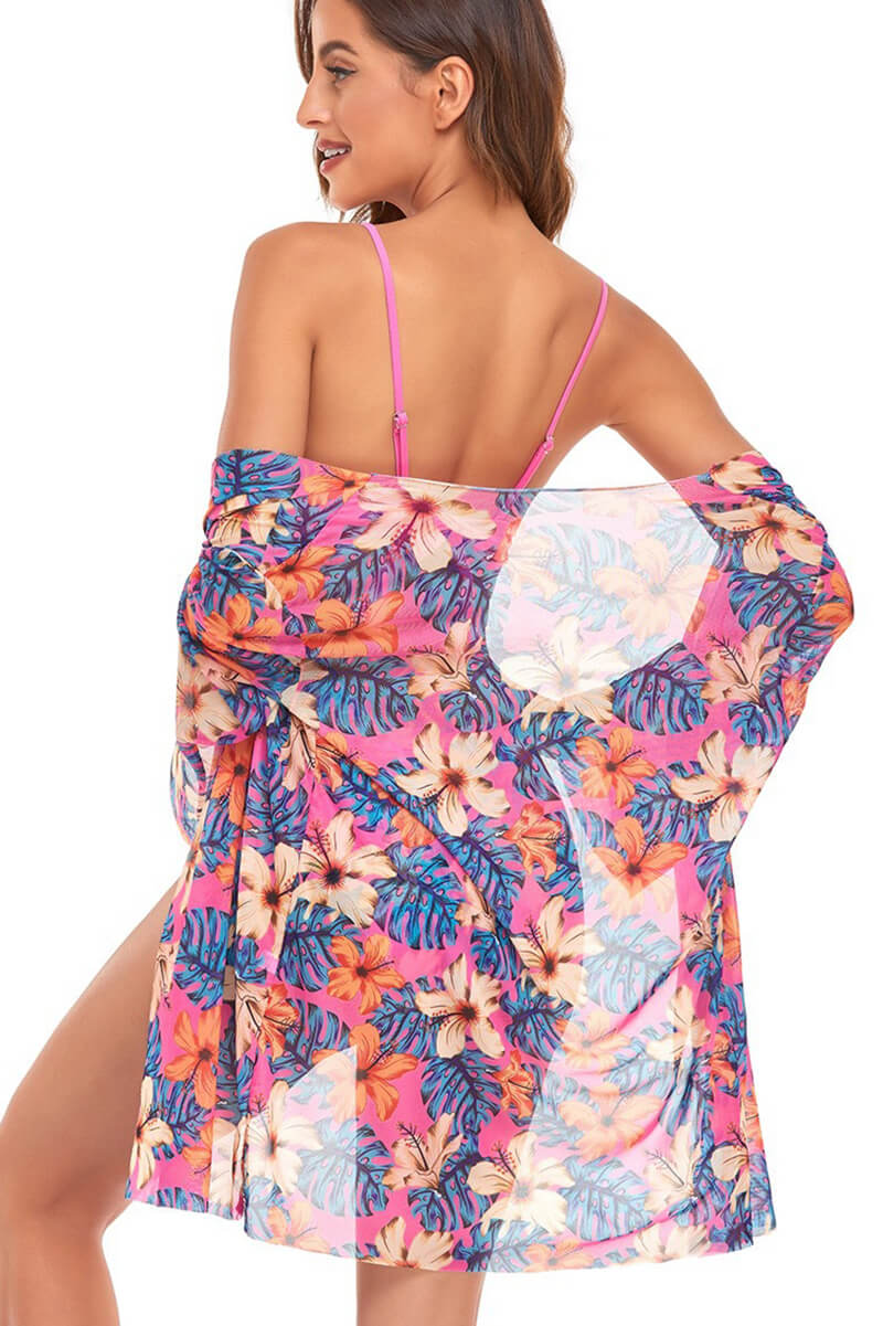 Olivia® | Pink floral print beach blouse and bikini set