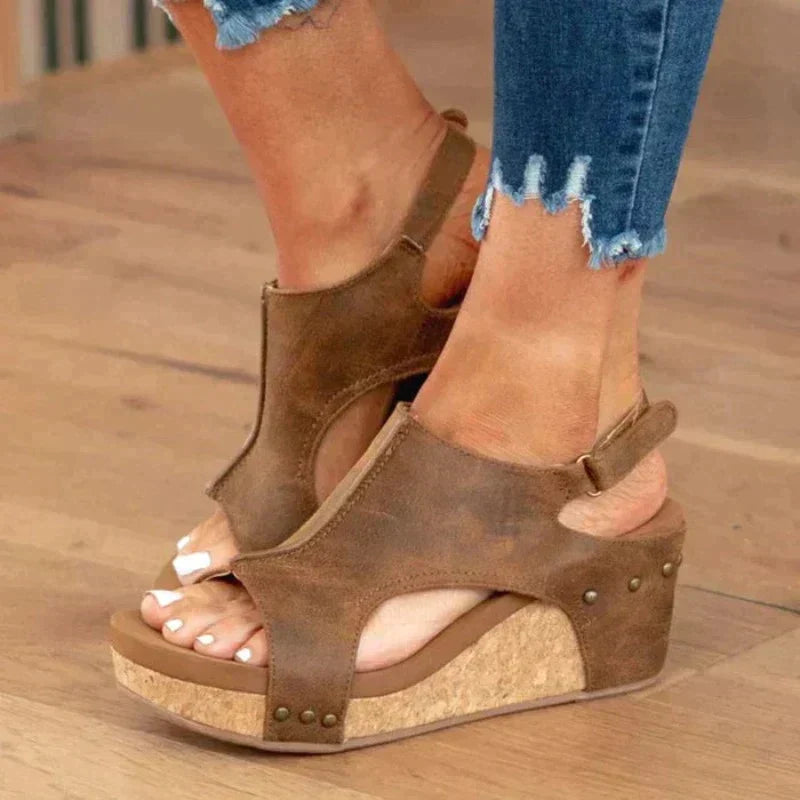 Barbara® | Orthopedic leather women's sandals with wedge heel and comfortable footbed
