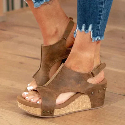 Barbara® | Orthopedic leather women's sandals with wedge heel and comfortable footbed