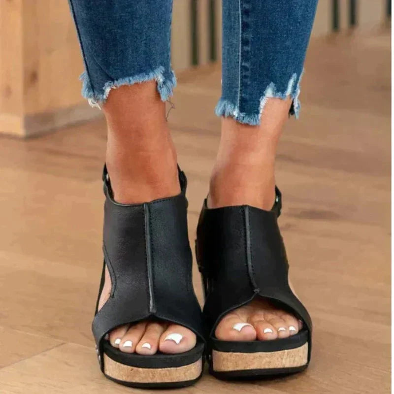 Barbara® | Orthopedic leather women's sandals with wedge heel and comfortable footbed