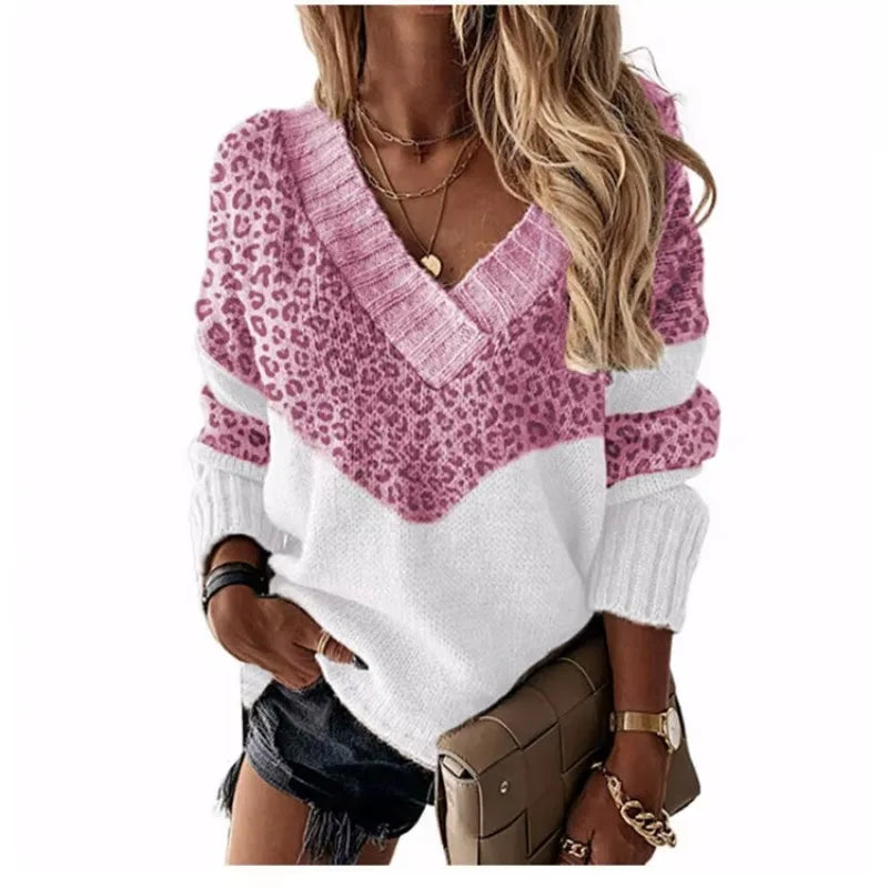Rocio® | V-neck leopard sweater with color blocks