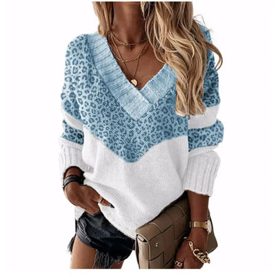 Rocio® | V-neck leopard sweater with color blocks
