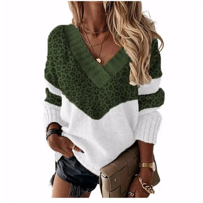 Rocio® | V-neck leopard sweater with color blocks