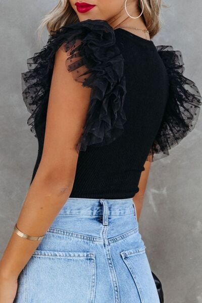 Angeline's® | Ruffled blouse with a round neckline and cap sleeves