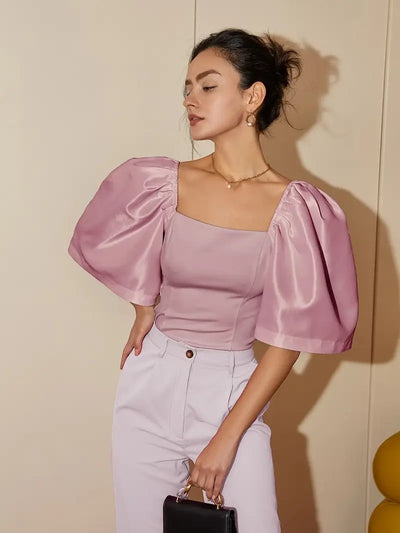 Ersilia® | Elegant Satin Blouse With Puff Sleeves