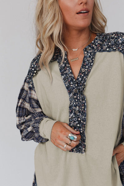 Fiona® | Red top with mixed check and floral print