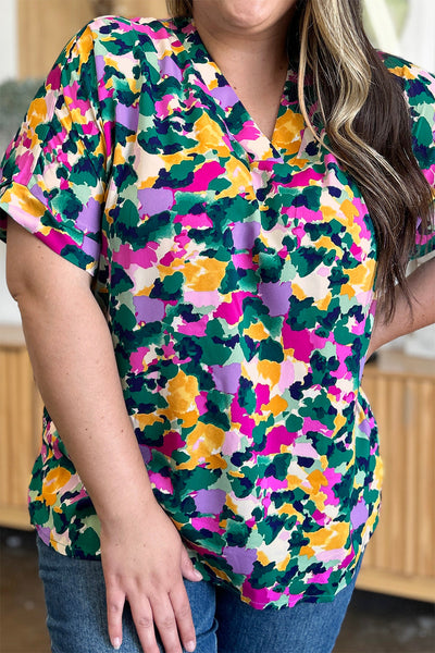 Macarena® | Double Take Printed V-neck short sleeve top with full size side slits
