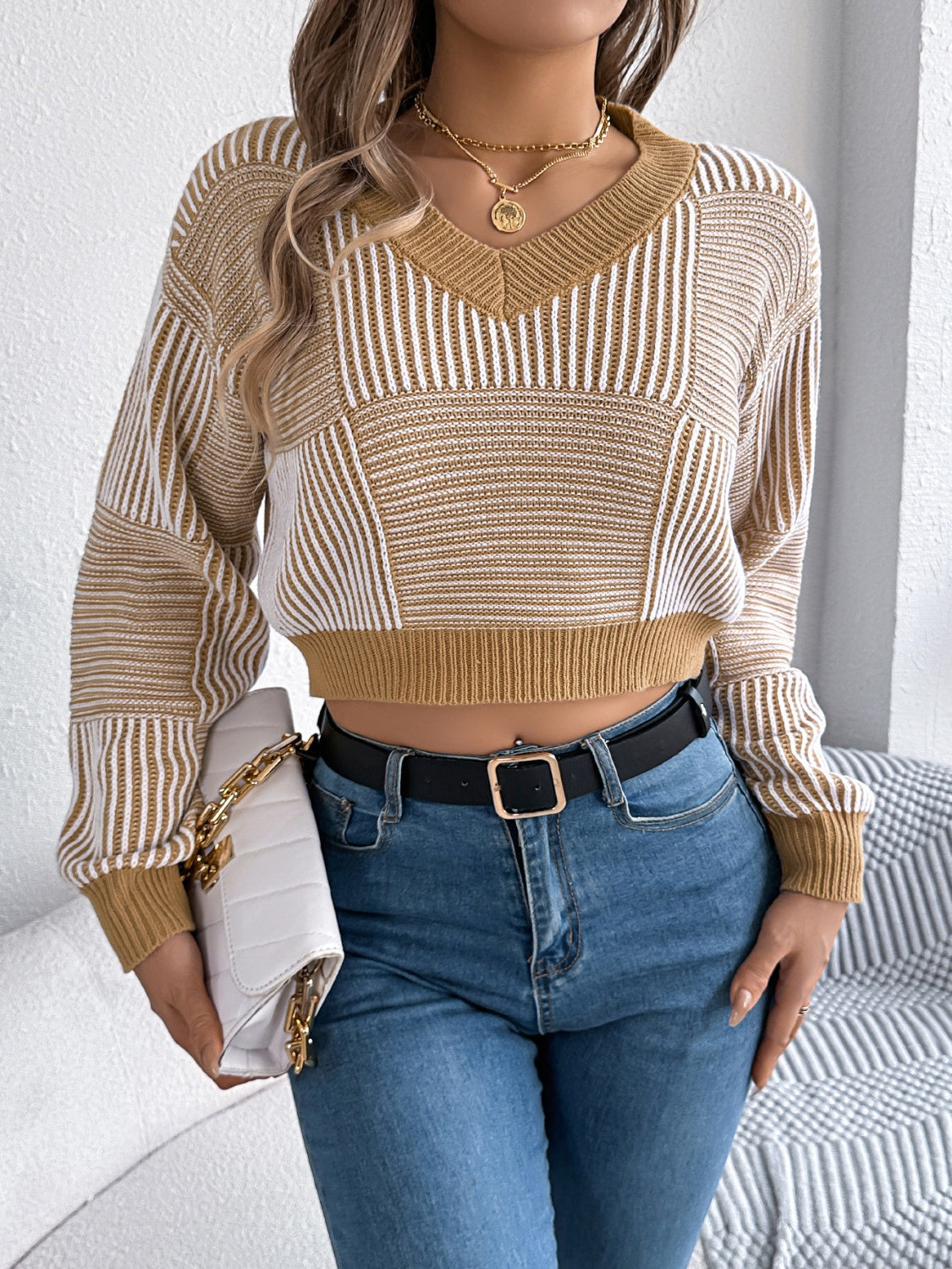Adeline® | Striped long-sleeved sweater with V-neck
