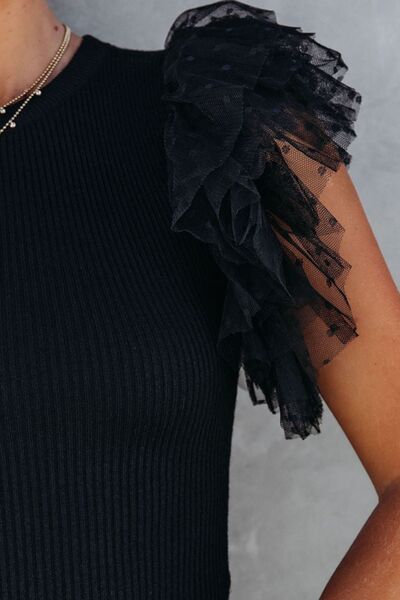 Angeline's® | Ruffled blouse with a round neckline and cap sleeves