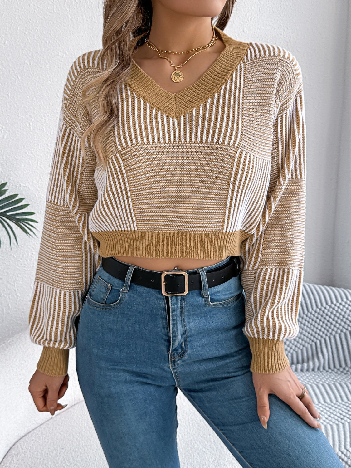 Adeline® | Striped long-sleeved sweater with V-neck