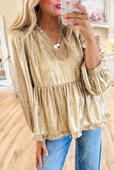Jenna® | Velvet ruffle babydoll blouse with V-neck and puff sleeves