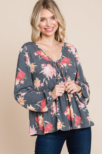 Ariana® | Super Lady Full Size Floral Print Long Sleeve Babydoll Blouse