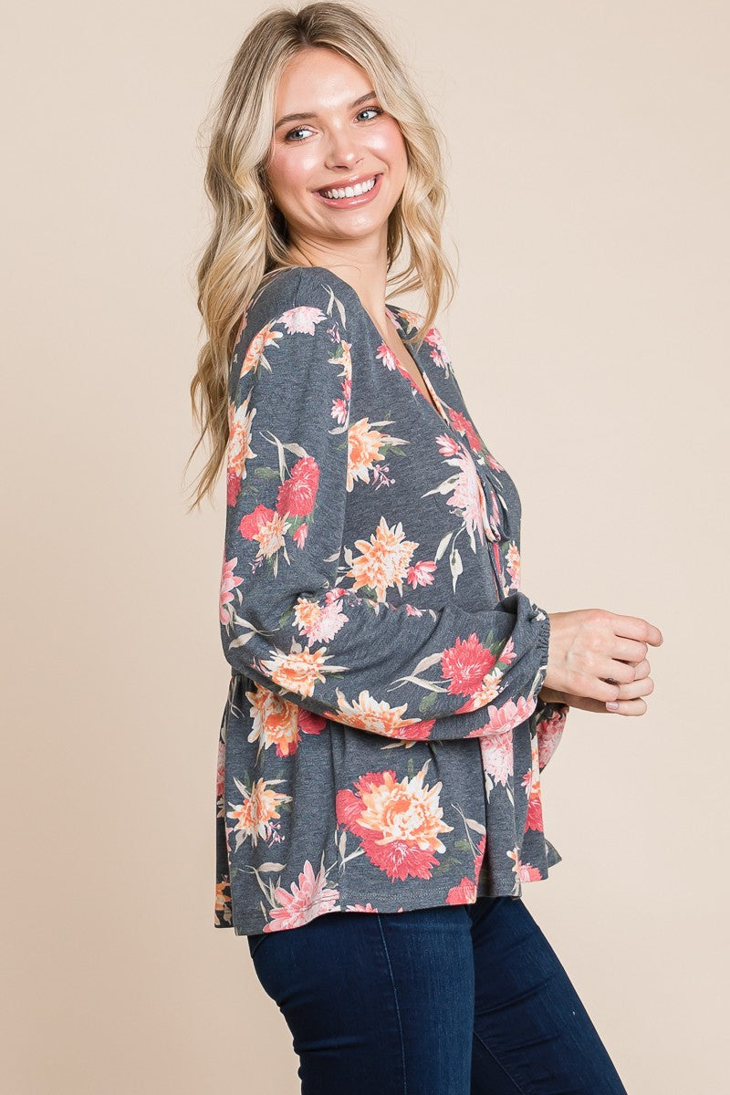 Ariana® | Super Lady Full Size Floral Print Long Sleeve Babydoll Blouse
