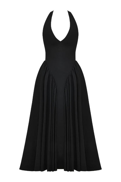 Lilly® | Solid A-line halter midi dresses with deep V-neck