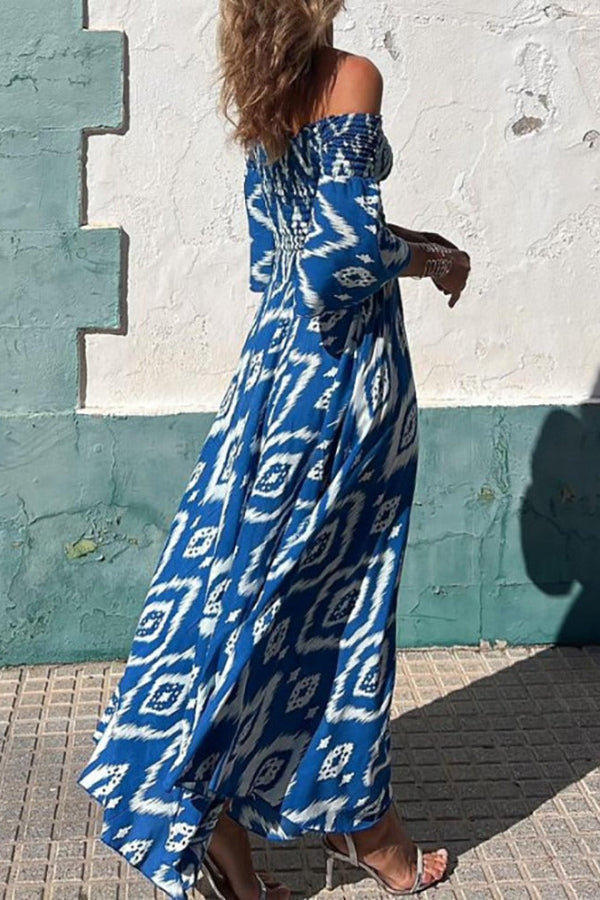 Madeline® | Smocked, off-the-shoulder maxi dress with ethnic print and pockets