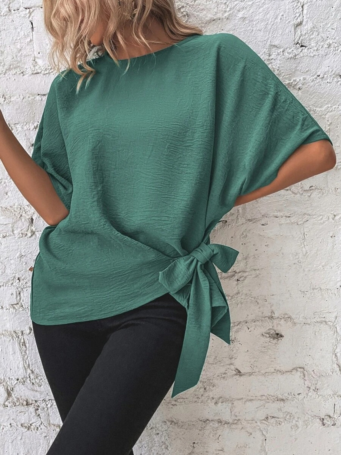 Alejandra® | Knotted, mid-length blouse with a round neckline