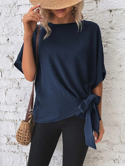 Alejandra® | Knotted, mid-length blouse with a round neckline