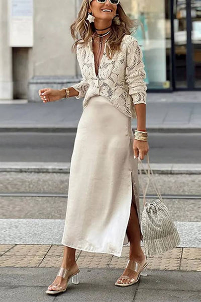 Nancy® | Fashion knitted hollow crochet lace long sleeve shirt top