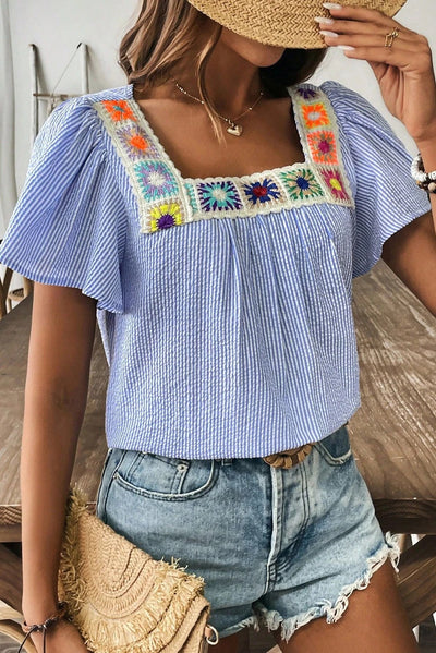 Alba® | Sky blue striped boho blouse with crochet appliqué