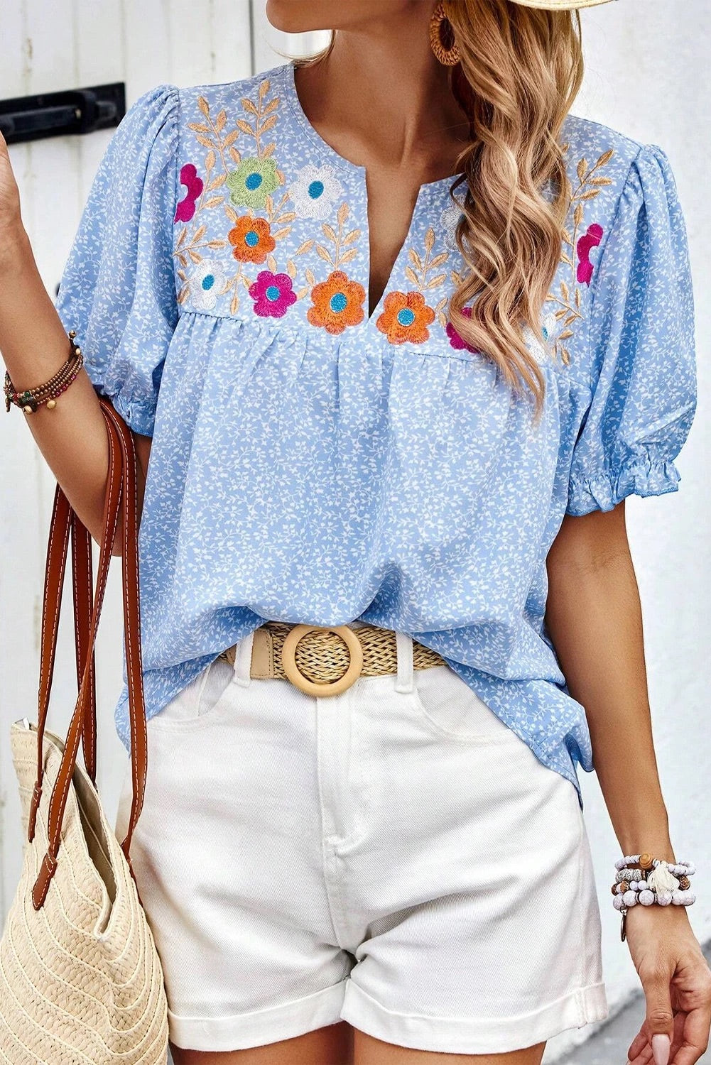 Andrea® | Sky blue floral embroidered notched V-neck blouse with puff sleeves