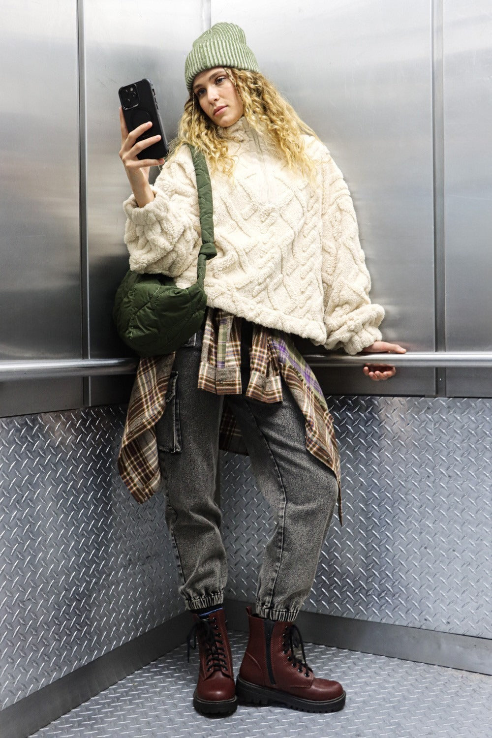 Lilian® | Fluffy cable knit fleece half zip sweatshirt