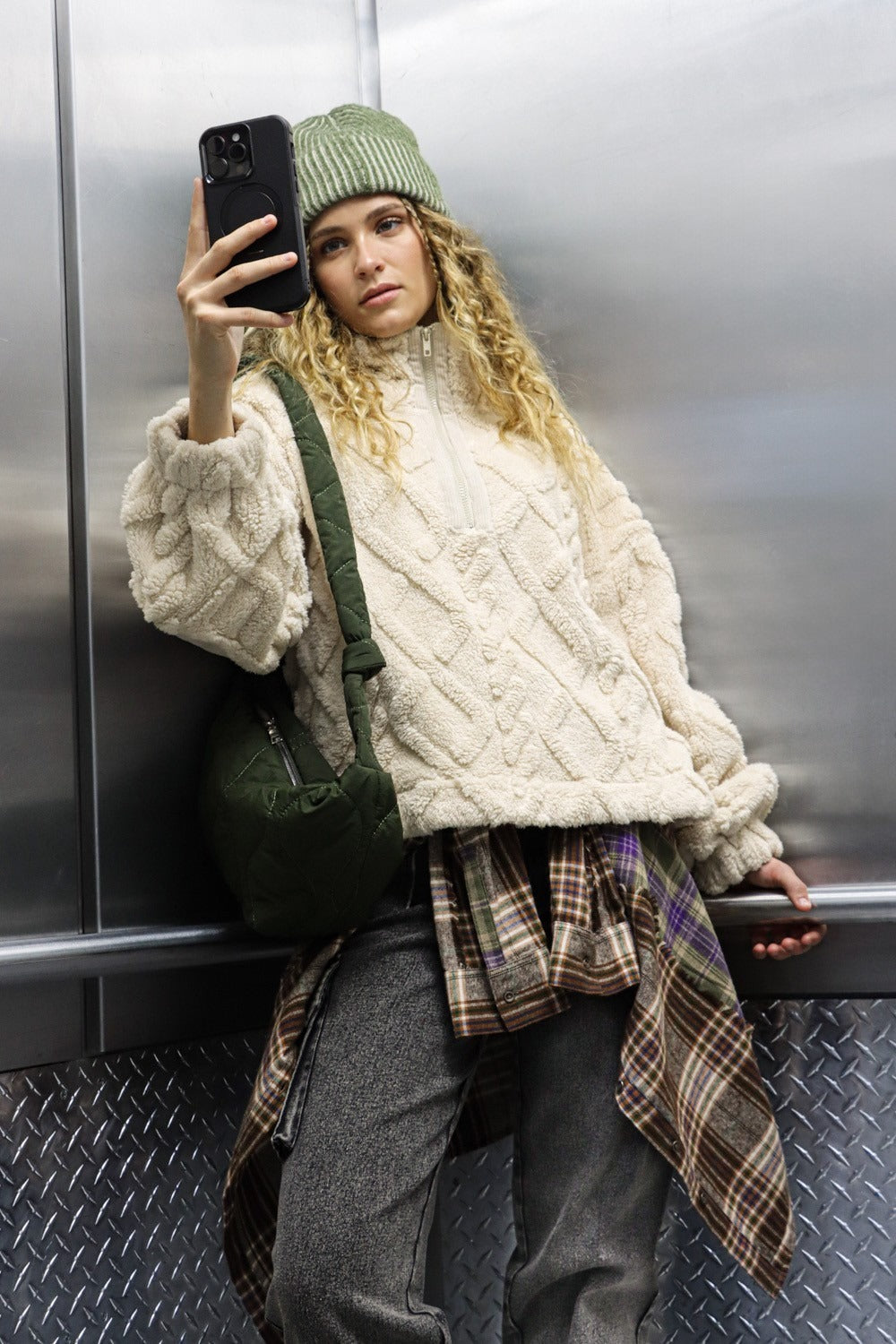 Lilian® | Fluffy cable knit fleece half zip sweatshirt