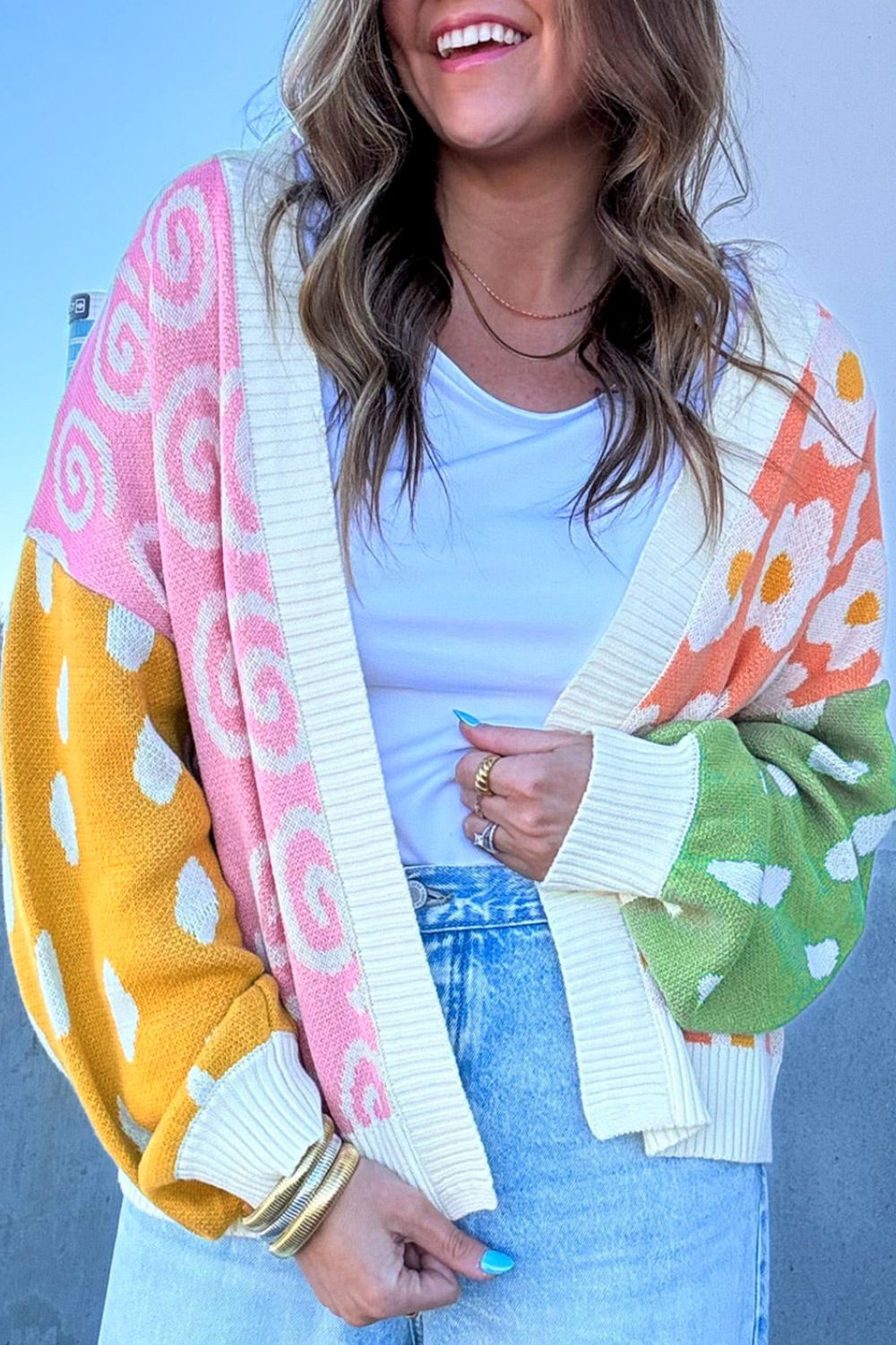 Madeleine® | Mixed floral and polka dot open front cardigan