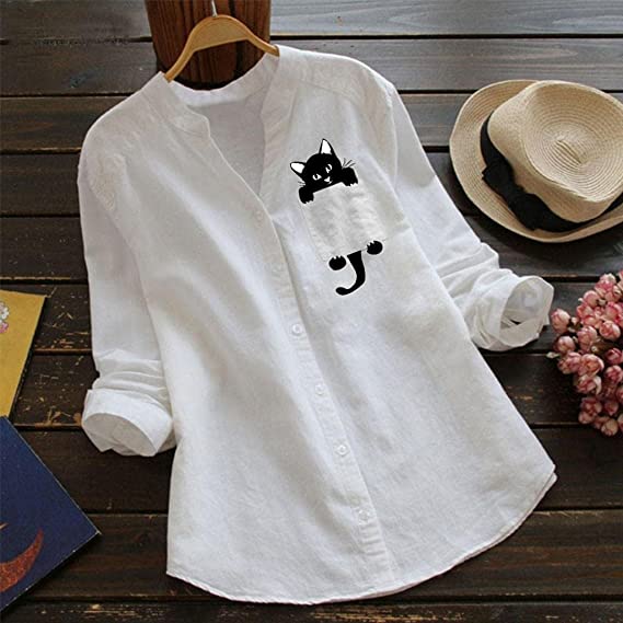 Anaid® | Long-Sleeved Cotton Blouse With V-Neck And Cat Print