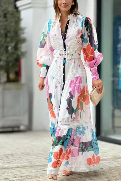 Madelyn® | Single-breasted, long-sleeved maxi dress with floral print and lace inserts