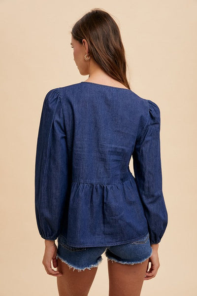 Lyra® | Long sleeve denim top with tie front peplum