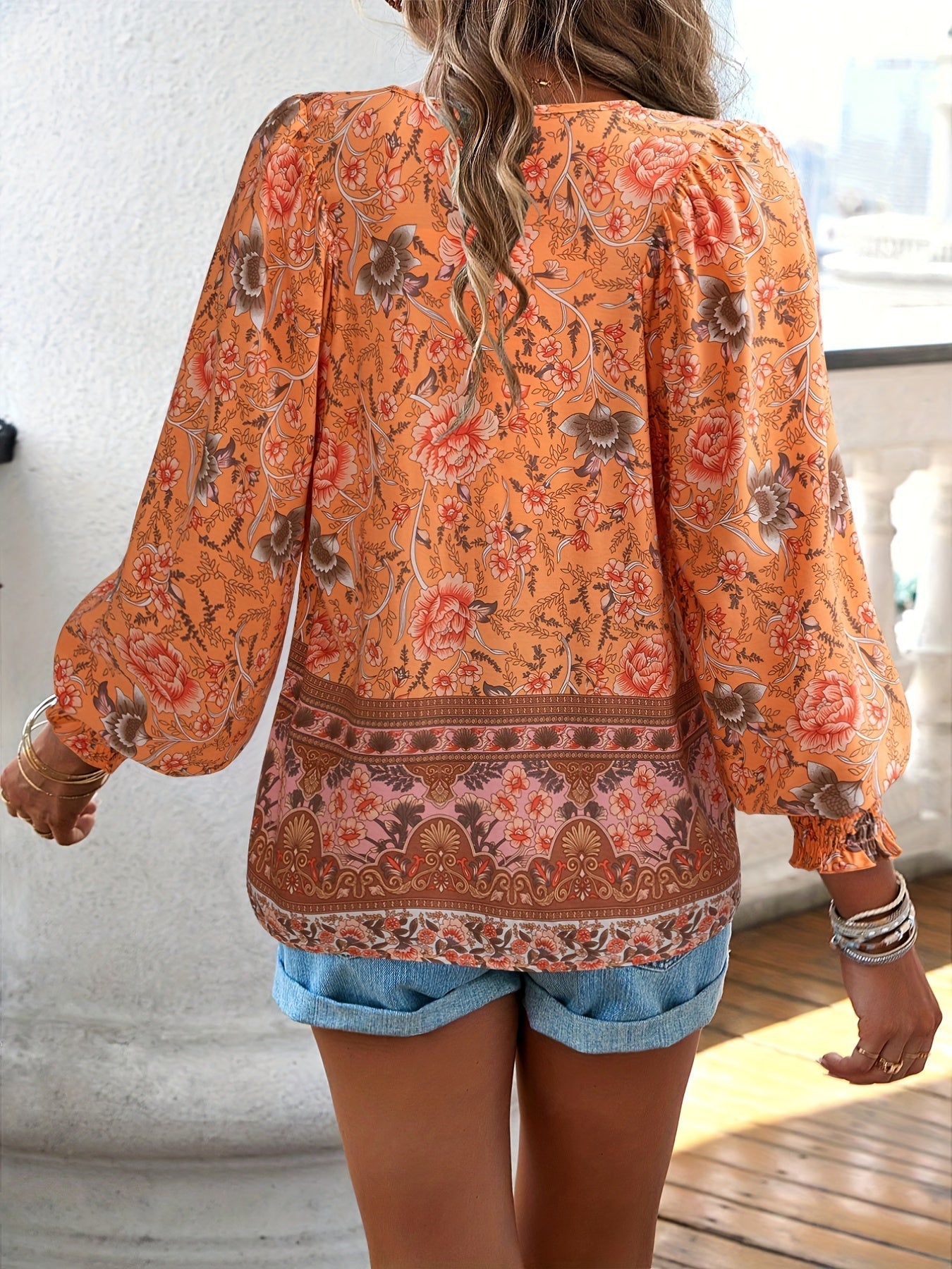 Brenessa® | Floral Blouse With V-Neck And Drawstring