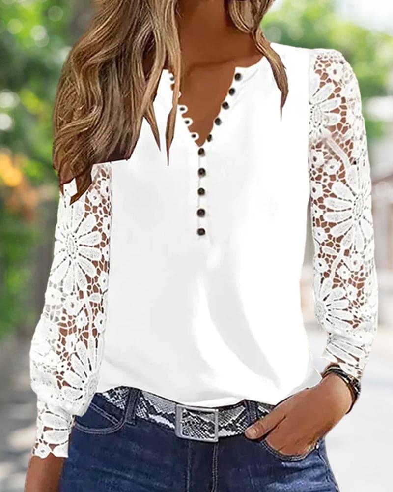 Alexandra® | Button-down blouse with lace sleeves for women