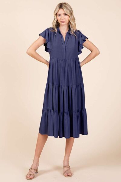 Macarena® | Tiered midi dress with ruffle sleeves, collar and V-neck