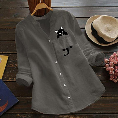 Anaid® | Long-Sleeved Cotton Blouse With V-Neck And Cat Print